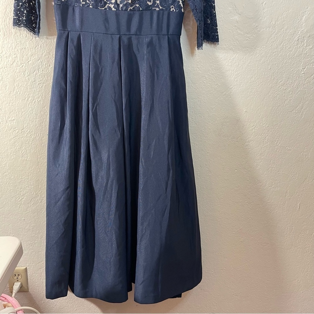Eliza J Lace Faille Formal Empire Waist Gown Navy Blue Women Size 8 Wedding - Picture 7 of 14